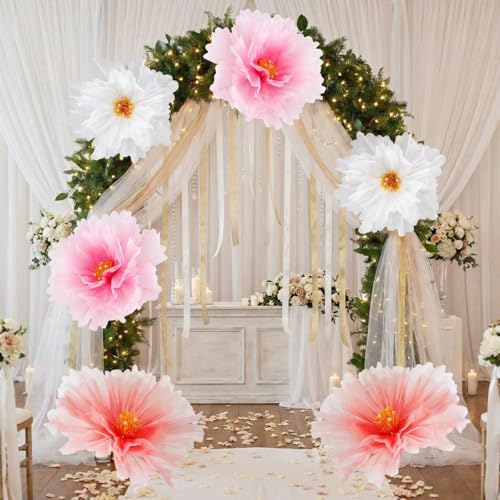 Havawish 6pcs Giant Flowers Decoration for Wedding Reception, Artificial Gauze Large Flower Prop for Wedding Banquet Ceremony Church Party, White Pink and Rose Red