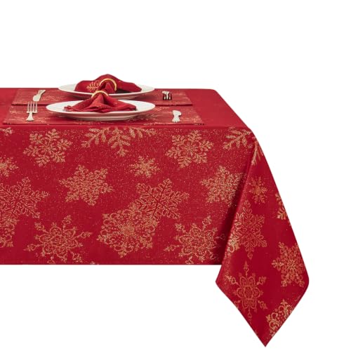 HomeJoy Red Gold 60x104 Oblong Christmas Sparkling Snowflake Tablecloth - Waterproof, Stain Resistant, Wrinkle Free, Rectangle, Outdoor, Table Cover, Dining, Party, No-Iron Soil Resistant Woven