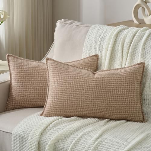 FUTEI Camel Decorative Throw Pillow Covers 12x20 Inch Set of 2,Soft Houndstooth Textured Lumbar Pillow Cases,Modern Home Decor for Couch Bed Living Room
