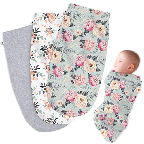 Henry Hunter Baby Swaddle - The Simple Swaddles for Newborn - Soft Stretchy Swaddle and Comfortable Cotton Swaddle Blanket 0-3 Months, Pack of 3 (Peony - Bouquet - Light Heather)