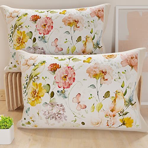 PETTI Artigiani Italiani - Bed Pillowcases, Set of 2 Pillow Covers 40x70 cm, Cushion Cover in Hypoallergenic Microfibre, Made in Italy, Floral Panna Pattern