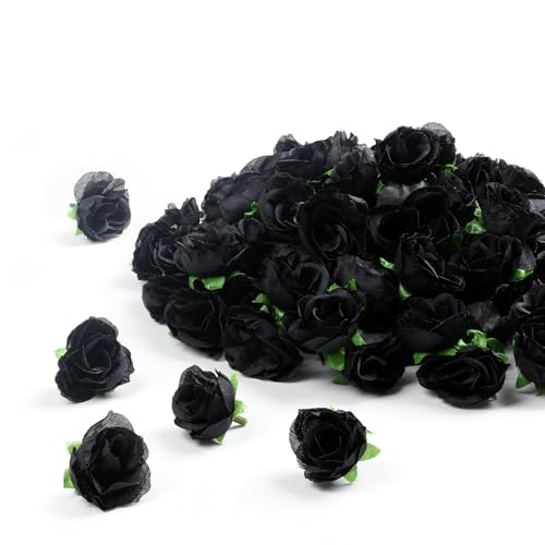 SITUMEIZI 100Pcs 1.3 Inches Mini Black Artificial Rose Heads for DIY - Faux Rose Heads for Wedding, Cake, Graduation Cap, DIY Flower Wall, Home Halloween Party Decorations