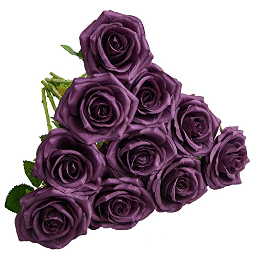 IUKnot Plum Artificial Rose 10pcs Open Flower Bouquet Faux Rose Stems for Wedding Arrangement, Bridal Bouquet, Centerpiece, Fake Faux Silk Flowers