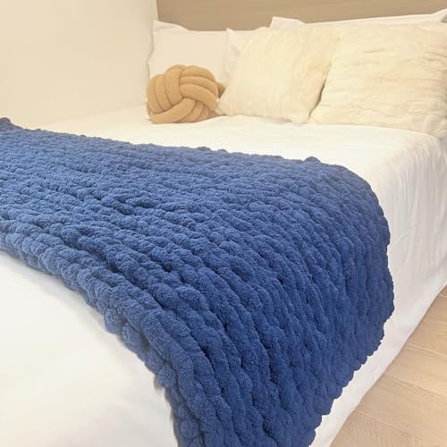 "Soft Chunky Knit Throw Blanket for Couch, Cozy Warm Knitted Blankets - Hand Knit with Jumbo Chenille, Lightweight Warm Fluffy Decor for Women, Mom, Her & Girls, Sofa, Chair, Bed,40""??60""(Navy Blue)"