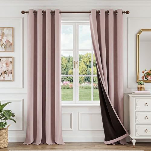 FMFUNCTEX 100% Blackout Blush Pink Curtains 96 Inch Grommet Drapes 2 Panels - Black out Drapes, Thermal Insulated Noise Reducing, Textured Weave, Room Darkening, Window Curtain, for Living Room,Grommet