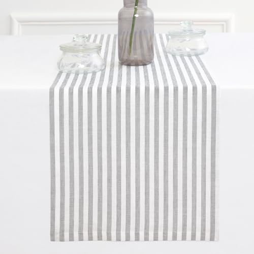 Solino Home Table Runner 72 Inches Long - Amalfi Stripe, 100% Pure Linen Grey and White Table Runner 14 x 72 Inch for Dining, Dresser, Summer