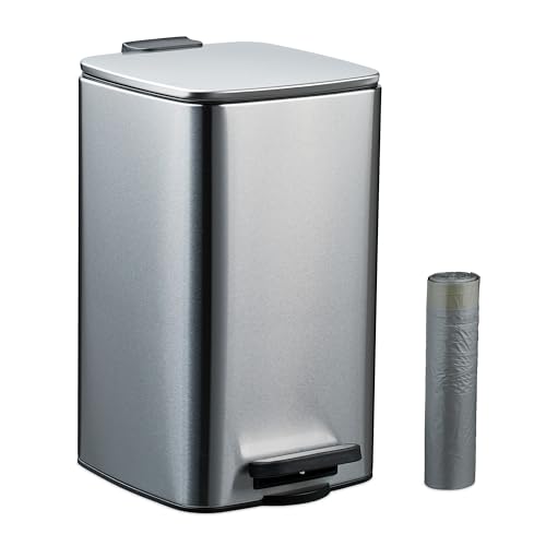 Relaxdays Bathroom Pedal Bin, 8 Litres, Soft-Close Lid, Removable Inner Bucket, Metal, Sanitary Waste, Toilet, Silver