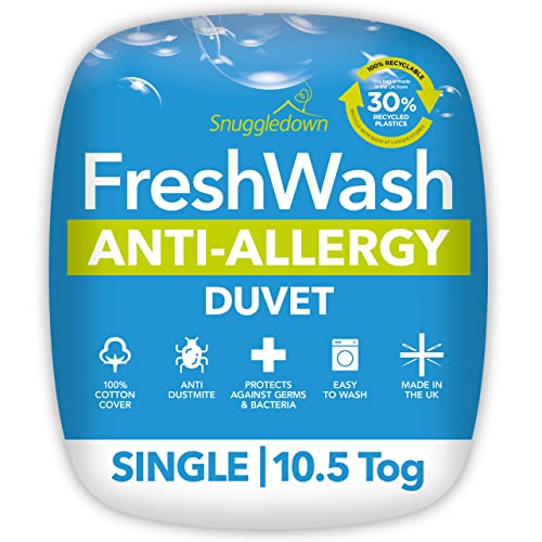 Snuggledown Freshwash Anti Allergy Single Duvet - 10.5 Tog All Year Round Quilt for Summer & Winter - Anti Bacterial, Soft Cotton Cover, Hypoallergenic, Machine Washable, Size (135cm x 200cm)