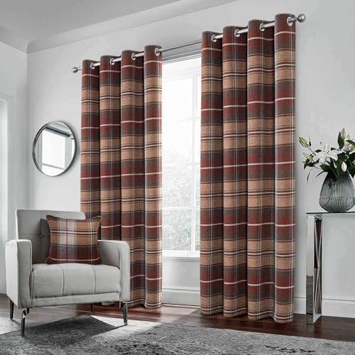 always4u Woolen Look Plaid Curtains Modern Window Panels Christmas Brick Red Check Tartan Curtains for Living Room Bedroom 2 Panels Christmas Brick Red 54 * 95 Inches