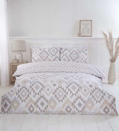 Rapport home Reversible Duvet Cover Set Double Bedding Set (200 x 200 cm) - Ikat Print Soft and Easycare Bedding with Natural Woven Look Breathable & Lightweight Boho Style With Secure Snap Closure