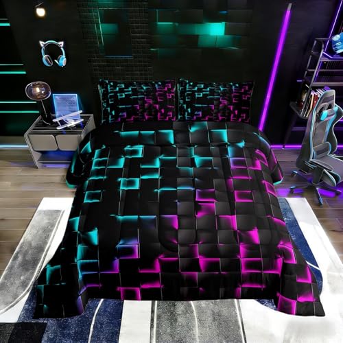 Erosebridal Geometric Checkered Comforter Set Full Neon Teal Purple Bedding Set for Kids Boys Teen Men Gamer Room Decor,Abstract Ombre Plaid Comforter Geometry Grids Quilt Duvet Black