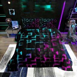 Erosebridal Geometric Checkered Comforter Set Full Neon Teal Purple Bedding Set for Kids Boys Teen Men Gamer Room Decor,Abstract Ombre Plaid Comforter Geometry Grids Quilt Duvet Black