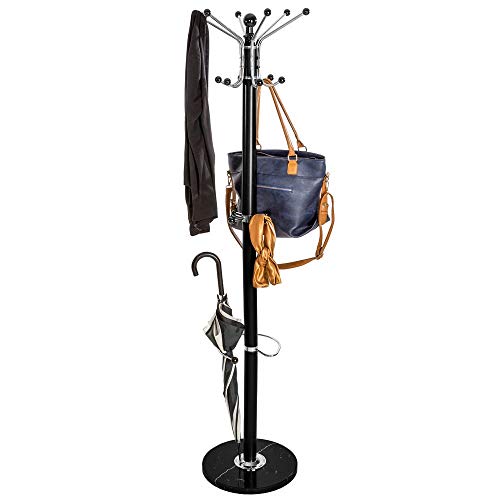 BAKAJI Design Coat Rack with Floor Base Metal with 16 Hooks for Clothes Base in Marble Size 38 x 38 x 180 cm (Black)