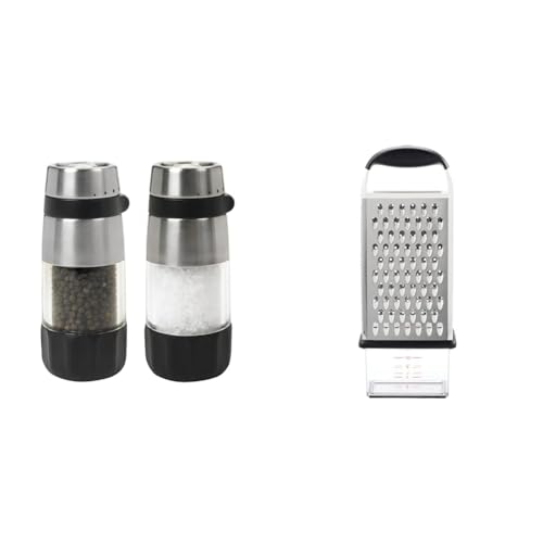 OXO Good Grips Accent Mess Free Salt & Pepper Set & Good Grips Box Grater,Silver/Black