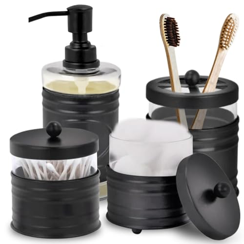 Autumn Alley Modern Farmhouse Glass and Black Bathroom Accessories Set (4 PCS) - Lotion Soap Dispenser, Toothbrush Holder, 2 Apothecary Jars (Qtip Holder) - Rustic Farmhouse Bathroom Decor
