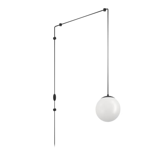 Eglo Plug in Pendant Light Rondo 3, Light Cord with Switch, Hanging lamp Made of Black Metal and White Glass, Ceiling Light Fitting with E27 Socket