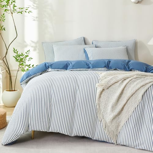 Striped Comforter Set Queen Denim Blue Soft Luxury Washed Microfiber Jacquard 3 Pieces Bedding Set, White Denim Blue Vertical Ticking Stripes Comforter with 2 Pillowcases Breathable Durable Comfy