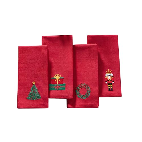 Elrene Home Fashions Holiday Embroidered Christmas Cotton Napkins with Festive Designs (Tree, Gift, Wreath, Nutcracker), Set of 4