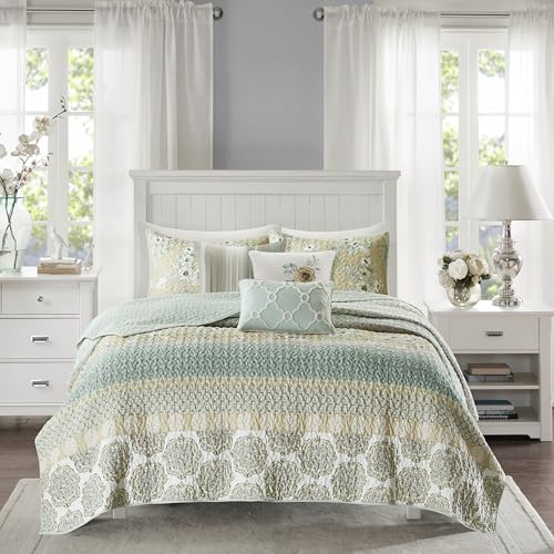 Madison Park All Season Down Alternative Bedding, Matching Shams, Bedskirt, Decorative Pillows, Cotton, Striped Green/Yellow, Full/Queen (90 in x 90 in)
