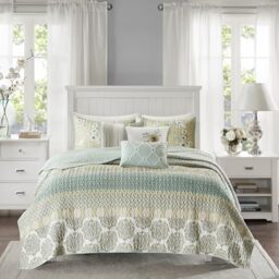 Madison Park All Season Down Alternative Bedding, Matching Shams, Bedskirt, Decorative Pillows, Cotton, Striped Green/Yellow, Full/Queen (90 in x 90 in)