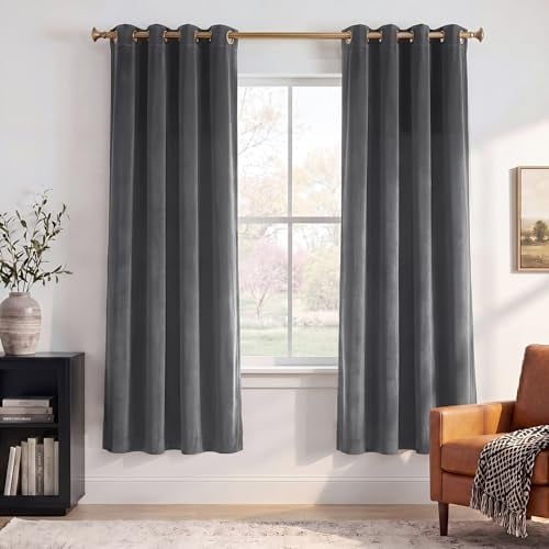 StangH Grey Velvet Curtains Grommet Kitchen Room Darkening 72 inch 2 Panels - 300GSM Soft Smooth Luxury Panels, Heat Blocking, Short Drapes for Study Room, Bedroom, Living Room, Window Treatment