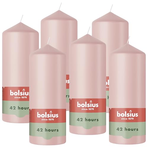 Bolsius - Pillar Candle - Light Pink - 15 cm - 6 Pieces - Burning time 42 Hours - Natural Vegetable Wax - Palm Oil Free.
