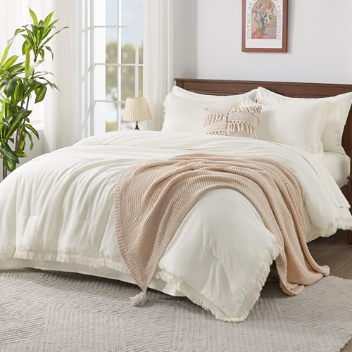 Andency Queen Comforter Set, 7 Pieces Ivory Bedding - Boho Bed in a Bag, Soft Lightweight, Fringe Bed Set with Comforter(90x90), Sheets, Pillowcases & Shams