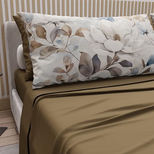 PETTI Artigiani Italiani - Cotton Sheets with Pillowcases in Digital Print, Single Sheet, Floral Design 16 Mud, 100% Made in Italy