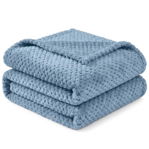 PAVILIA Dusty Blue Throw Blanket for Couch, Twin Bed, Soft Fleece Throws for Sofa Chair, Fuzzy Waffle Textured Blanket, Cozy Warm Lightweight All Season Blanket Throw, 60x80