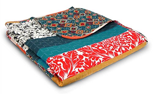 Lush Decor Boho Reversible Throw Colorful Striped Pattern Bohemian Blanket, 60” x 50”, Turquoise and Tangerine