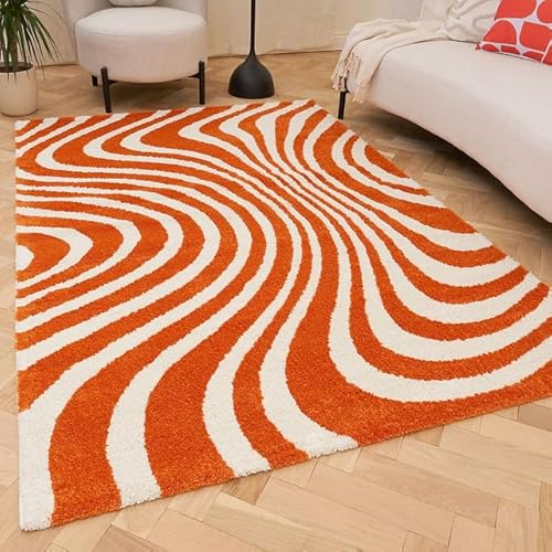 THE RUGS Joli Area Rug - Soft Dense Pile Modern Artistic Design, Durable & Easy Care Carpet for Living Room & Bedroom - Wavy Stripe Orange & White, 200 x 290 cm