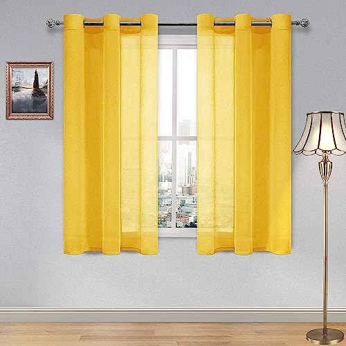 DWCN Yellow Faux Linen Sheer Curtains - Grommet Voile Window Curtain Drapes for Bedroom Living Room 46 x 45 inch Length, Set of 2