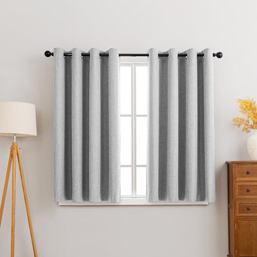 Sonive 100% Blackout Curtains Grey 2Pcs Linen Blackout Curtains L137×W145cm