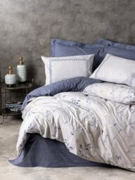 Nuit Des Rêves Ranforce Double Quilt Cover Set (200 x 200 cm), 100% Cotton, Dark Blue & Light Grey, 2 Pillowcases, Pigment Printing, Machine Washable, Elegant Design