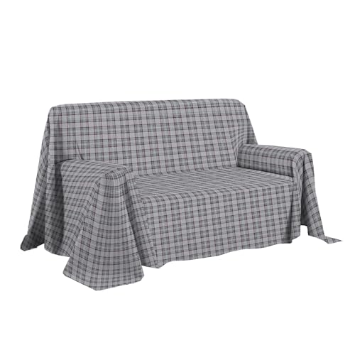PENSIERI DELICATI Sofa Cover, 250 x 290 cm, Made in Italy, 100% Pure Cotton, Grey Tartan Pattern, Ideal as a Furniture, Sofa or Summer Bedspread (Double Bed)