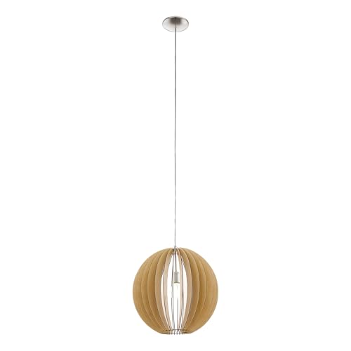 EGLO Cossano Pendant Light, 1-Bulb Vintage Pendant Light Made of Steel and Wood in Nickel Matt, Maple, Dining Table Lamp, Living Room Lamp Hanging with E27 Socket, Diameter 50 cm