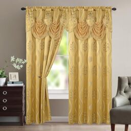 "Elegant Comfort Aurora Jacquard Look Curtain Panel Set with Attached Valance 54"" X 84 inch (Set of 2), Gold"