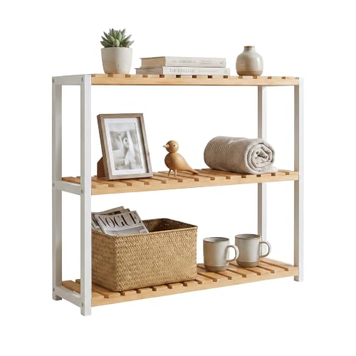 SONGMICS Bamboo Bathroom Shelf, 3-Tier Adjustable Plants Rack, Wall-Mounted or Stand, in the Living Room, Balcony, Kitchen, Natural and White BCB13WN