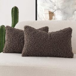 "Foindtower Set of 2 Curly Teddy Wool Pillow Covers Decorative Boucle Textured Lumbar Throw Pillow Faux Fur Pillowcases Sheepskin Cushion Case for Sofa Bedroom Car 12""x20"" Chocolate"