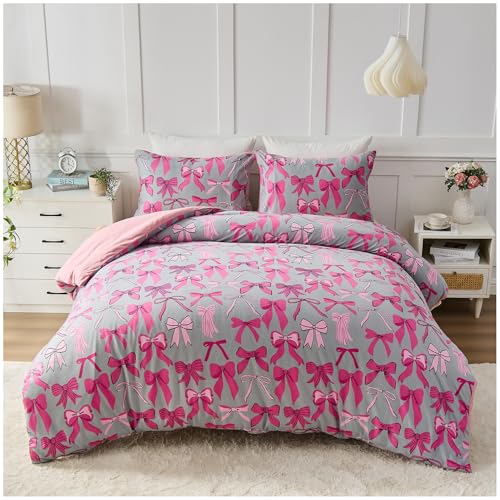 GC GAVENO CAVAILIA Ribbon Pattern Double Bedding Set with Matching Pillowcases - Easy Care Reversible Comforter Bedding Set - Soft Touch Bow Duvet Set Polyester Long-Lasting Bed Linen, Grey/Pink