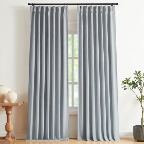 "Vision Home Blue Gray Pinch Pleated Full Blackout Curtains Linen Blended Room Darkening Window Curtains 90 inch for Living Room Bedroom Thermal Insulated Pinch Pleat Drapes with Hooks 40"" Wx90 Lx2"