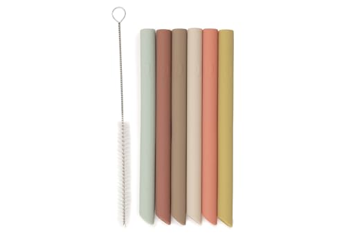 Jollein Silicone Straws - Mixed Shades - 6 Pieces - Reusable Drinking Straws Made from 100% Silicone - Includes Cleaning Brush - Soft, Safe & Dishwasher Safe