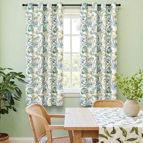 DriftAway Floral Blackout Eggshell Teal Curtains 63 Inch Length for Living Room Bedroom 2 Panels Lined Grommet Window Drapes Thermal Rustic Farmhouse Classic America Style Curtains