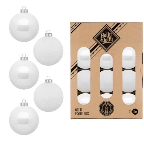 Holly & Jolly Pure White Christmas Baubles, Pack of 12 - Glass Christmas tree baubles, approx. 8 cm, Christmas tree decoration in white, matt and shiny, Christmas decoration for