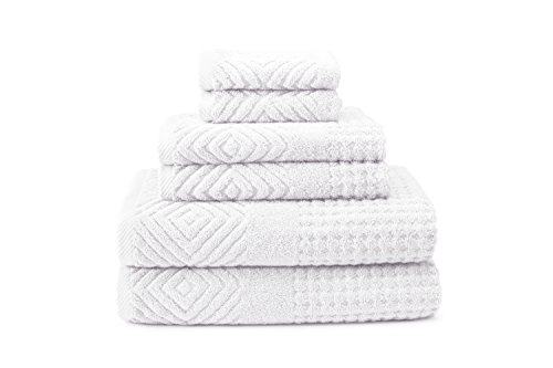 Texere 100% Organic Cotton Diamond Jacquard 700 GSM Luxury Bath Towel Sets, Soft and Absorbent Hotel Quality, Bath Towels, Hand Towels, Washcloths (Diamond, Bright White, 6 Piece)