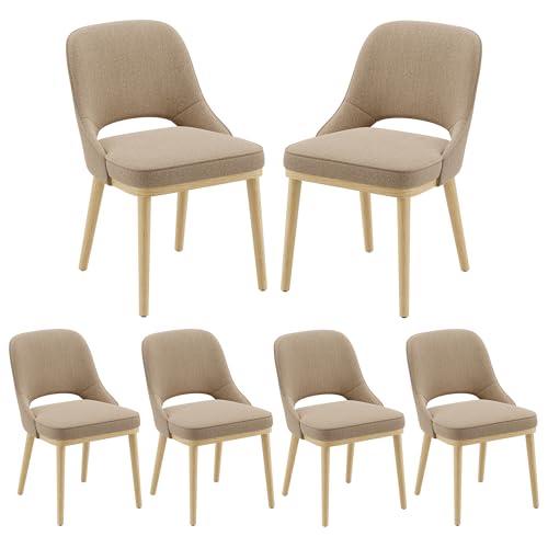 Dining Chairs Set of 6, Upholstered Dining Room Chairs with Chenille Fabric, Ergonomic Backrest, High Density Cushion & Rubber Wood Frame, Modern Kitchen Chairs for Dining Room, Living Room, Camel