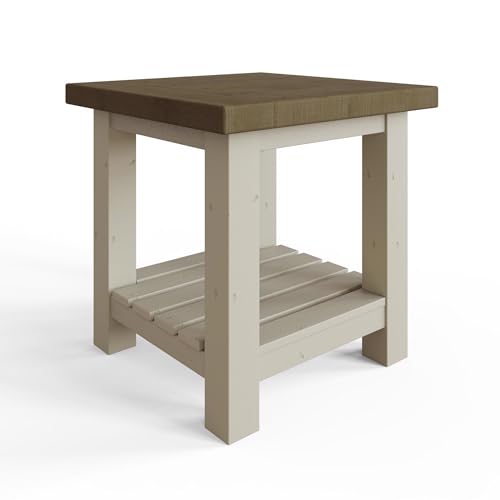 FWStyle Reclaimed Pine Side Lamp Table with Driftwood Top and Truffle Painted Base, Rustic Farmhouse Shabby Chic Accent Table with Shelf Storage, Solid Wood Furniture, 50 x 50 x 50cm