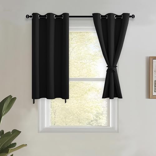 JIUZHEN Short Curtains Kitchen Half Window Blackout Curtains with Tiebacks for Baseroom Shadows, Grommet Curtains for Living Room, Set of 2 Window Curtain Panels, 42 x 30 Inch Length???Black