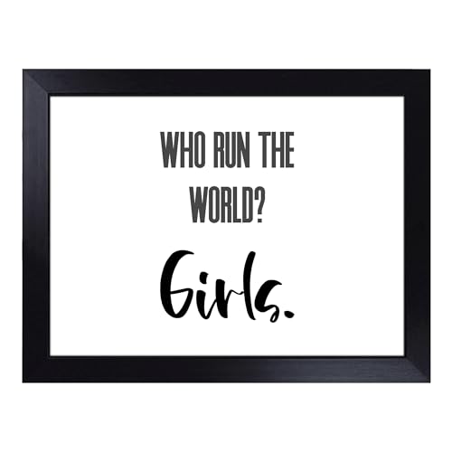 Lap Tray with Bean Bag Cushion, Who Run the World Typography Quote - Handmade in the UK, Raised Wooden Edge, Padded Cushion, Heat-Resistant Wipe-Clean Surface, for Meals, Laptops and Crafts