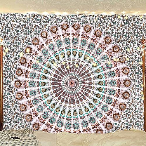 Bless International Indian hippie Bohemian Psychedelic Peacock Mandala Wall hanging Bedding Tapestry (Floral Gold, 264.16L X 223.52W cm)